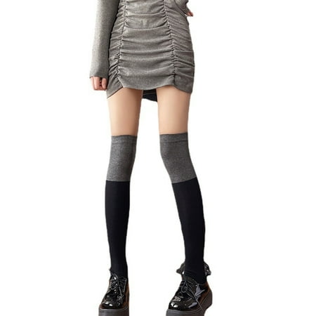 

Women Lolita Autumn Thigh High Stockings Japanese Preppy Style Black Gray Contrast Color Stitching Over Knee Long Socks