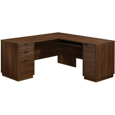 Pemberly Row L-shaped Contemporary Engineered Wood Computer Desk in Mahogany