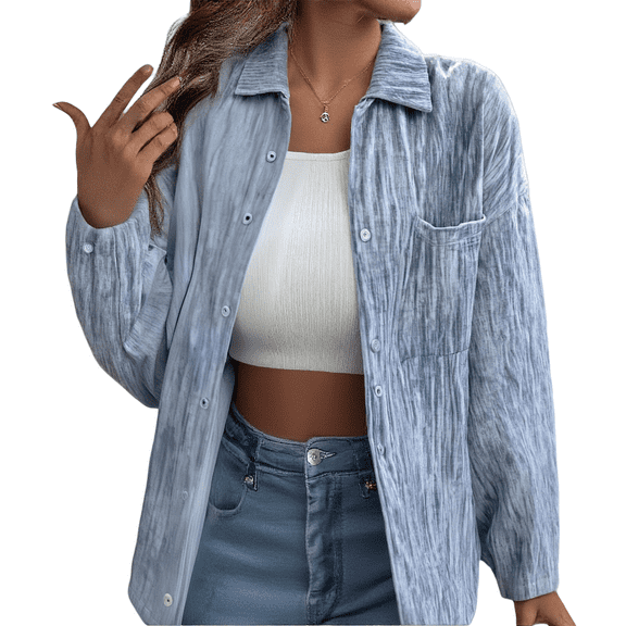 Aoiroe Jackets For Women Trendy Denim Shacket Women Womens Denim Jacket Long Denim Jacket Women Blue Jean Jackets For Women Knit Denim Jacket Denim Shacket For Women 2025 Light blue L