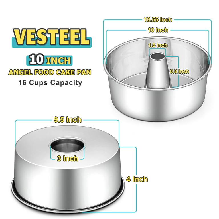 Vesteel 10 inch Angel Food Cake Pan, Stainless Steel Pound Cake Mold with Tube 16 Cups Tube Pan, Non-Toxic & One-Piece Design, Silver