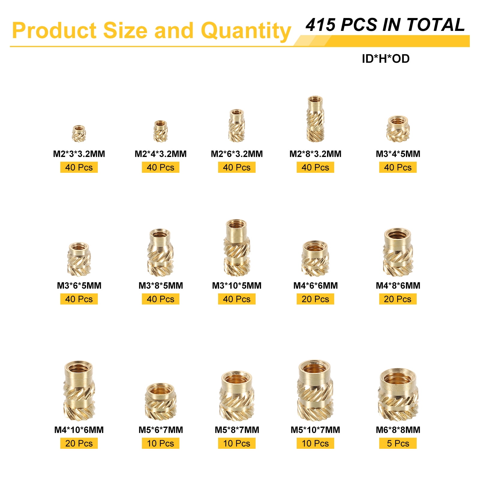 Uxcell 415pcs M2 M3 M4 M5 M6 Metric Threaded Inserts Brass Heat Set Insert Knurled Nuts Assortment Kit, 3D Printing Brass Nuts Female Threaded Inserts Nuts with Heat Set Insert Tips