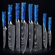 8-piece Premium Japanese Kitchen Knife Set with Blue Resin Handle & Laser Damascus Pattern - Chef's Knife, Paring Knife, Bread Knife & More