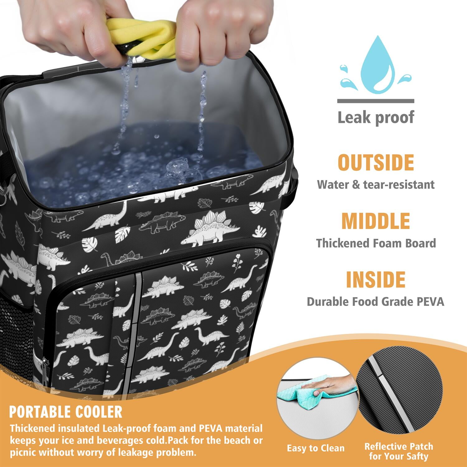 Travel Cooler Bag - Black White Dinosaur Skeletons Bold Camping Beer Cooler Backpack with Bottle Opener- Waterproof Insulated Picnic Backpacks - Cooler Bag for Beach