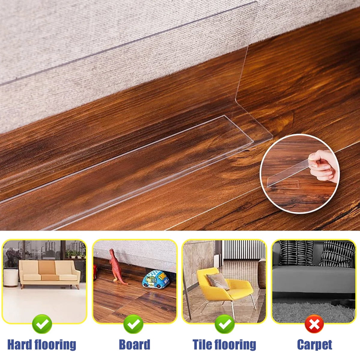 Vensio -8 Pack Under Couch Blocker with Strong Adhesive for Floor Gaps, Clear PVC Gap Bumper to Stop Pets and Toys Under Bed, Adjustable 4.7 Inch Height Toy Guard