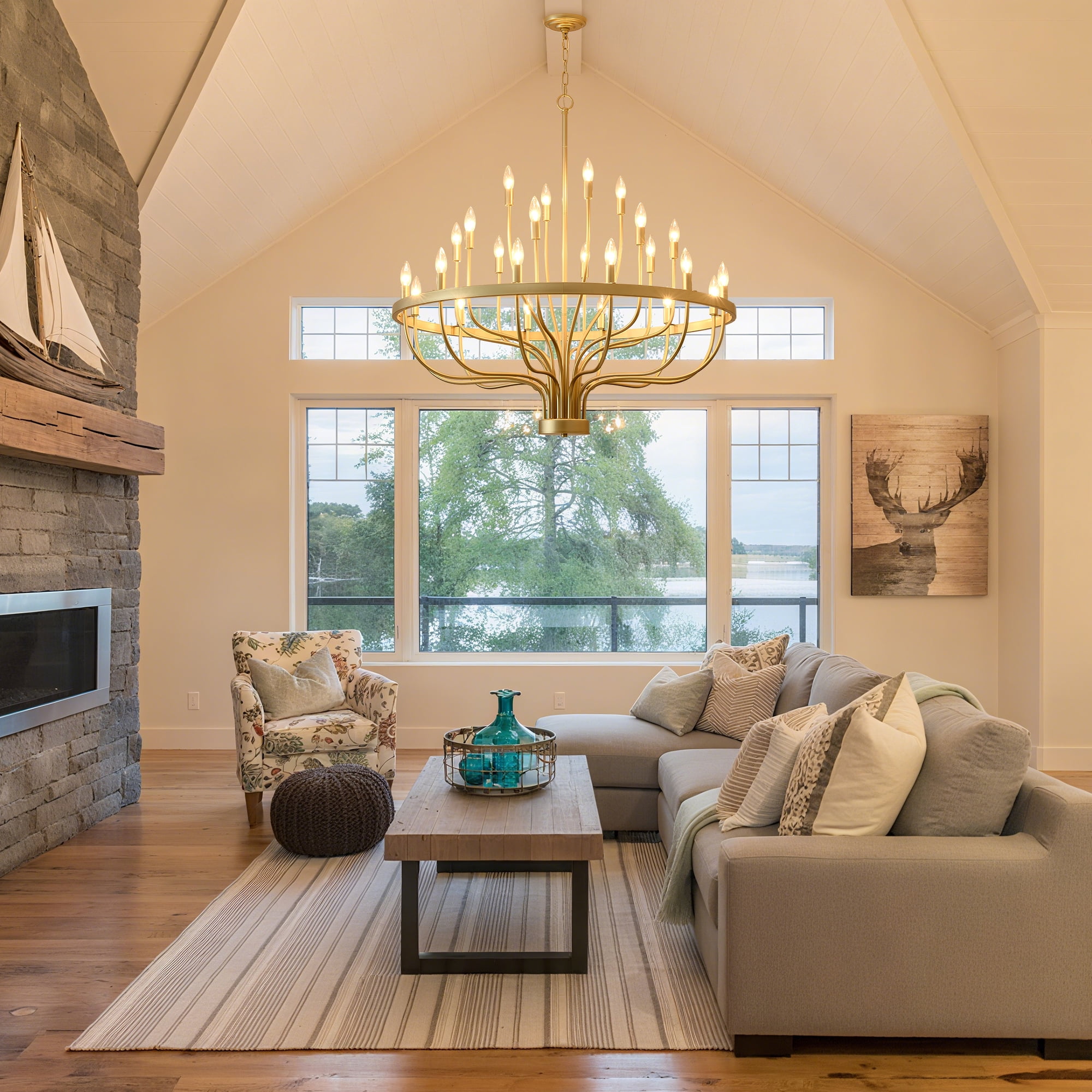 24 Lights Gold Chandelier Modern Farmhouse Pendant Lighting - Adjustable Height Antique Brass Ceiling Light for Dining Room, Foyer, Entryway, Living Room