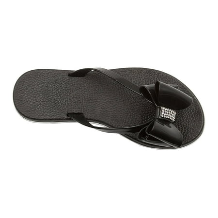 Rubber Sole Bow - Sara Z Girls Bows and Rhinestones Patent Flip Flops With Racing Stripe Soles Size 4/5
