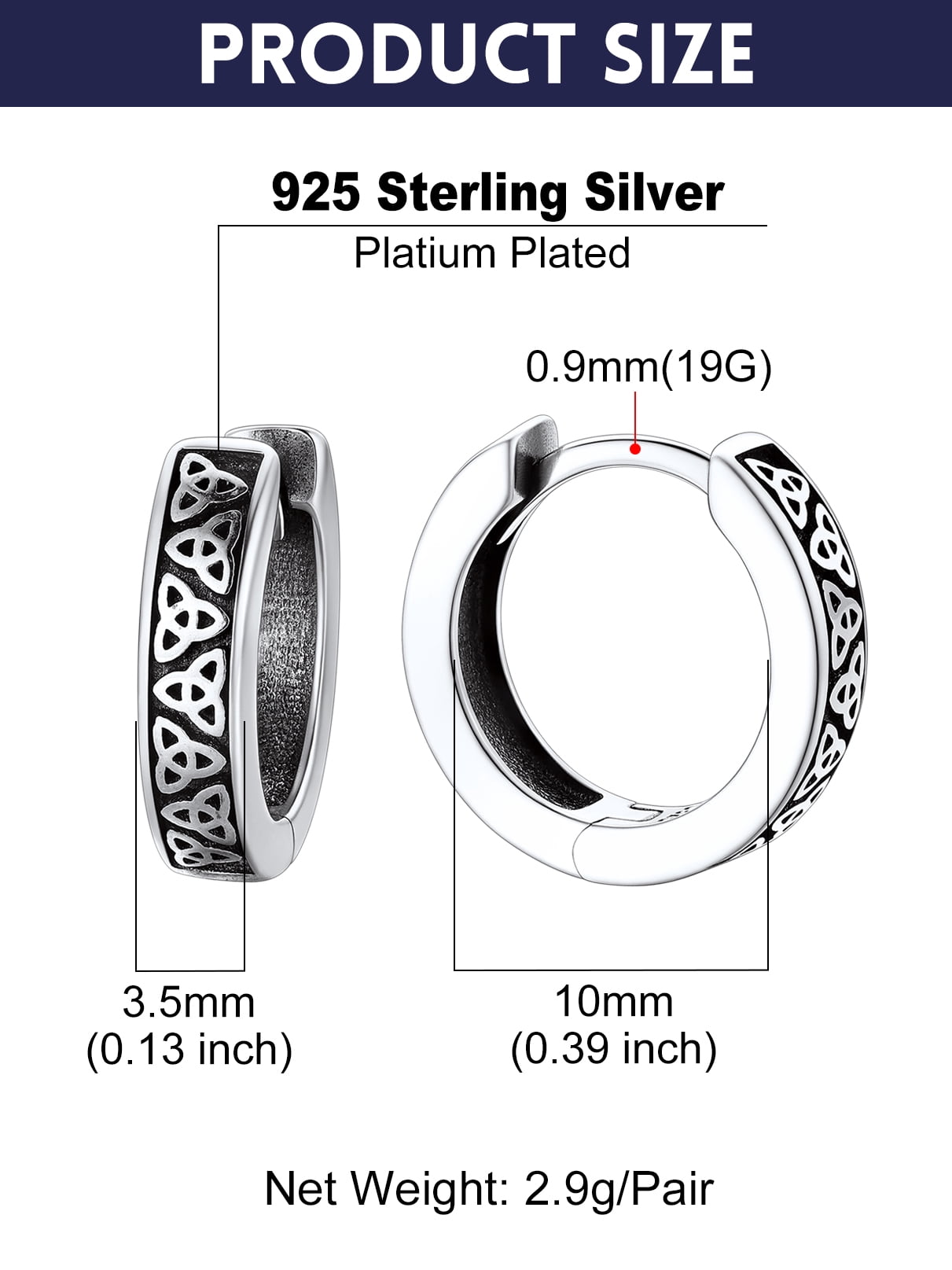 Bandmax 10MM 925 Sterling Silver Huggie Earrings for Men Tiny Triangle Celtic Knot Hoop Earrings for Boyfriend Husband Father Son Gift