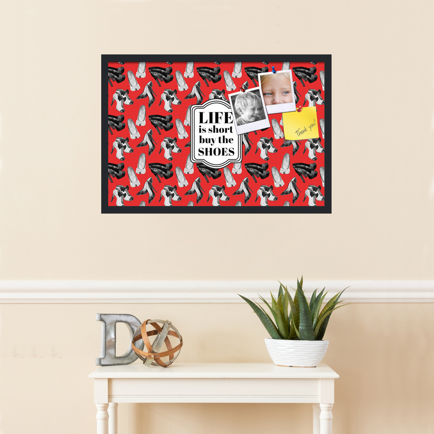 PinPix 30x20 Custom Cork Bulletin Board Buy The Shoes Poster Board Has a Fabric Style Canvas Finish, Framed in Buy The Shoes, by ArtToFrames (PinPix-1492)