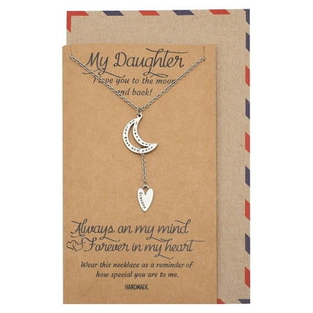 - Quan Jewelry Moon Necklace, Mother Daughter Exclusive Collection, Crescent Moon and Mini Heart Engraved Pendant Charm, Perfectly Handmade with Love, Limited Edition Mom Daughter Quote Card & Envelope