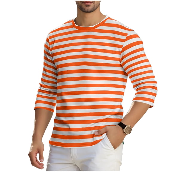 VSSSJ Men's Striped Shirts 3/4 Sleeve Casual Classic Lightweight T-Shirt Crewneck Soft Basic Stripe Fashion Pullover Tees Tops Orange XXL