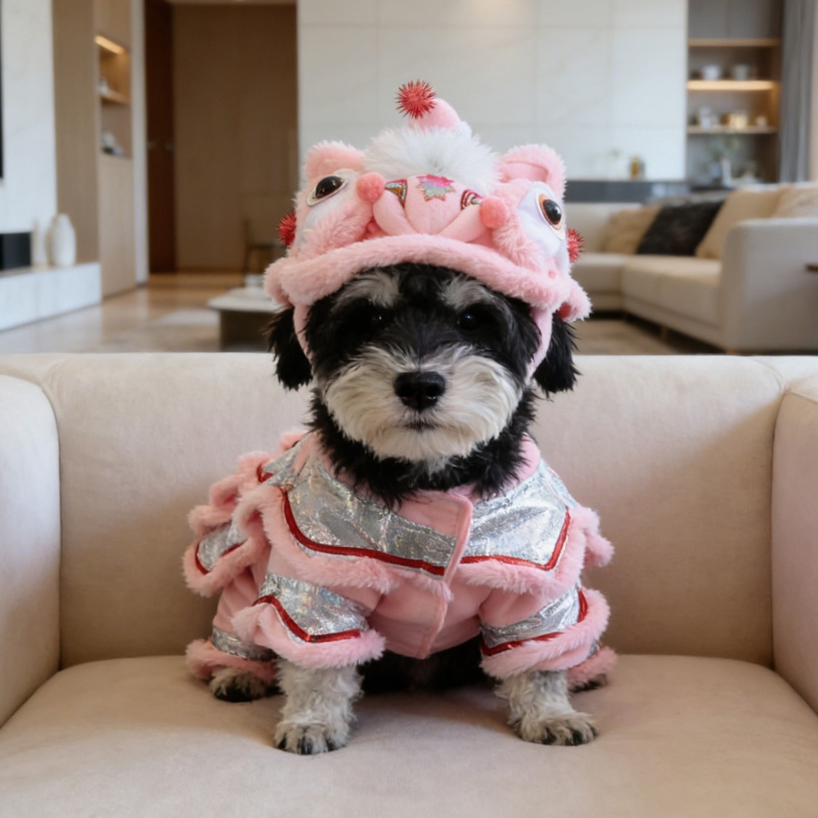 Chinese Lion Dance Dog , Chinese New Year Dog Outfit, Spring Festival Pet Clothes Hoodie Coat (Pink, Size:L)