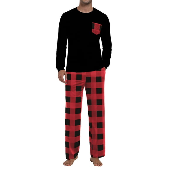 GIRUNS Men's Pajama Set Comfy Sleepwear 2 Piece Pjs Long Sleeve Crewneck Shirts and Bottoms Soft Sleep Sets Red Grid L