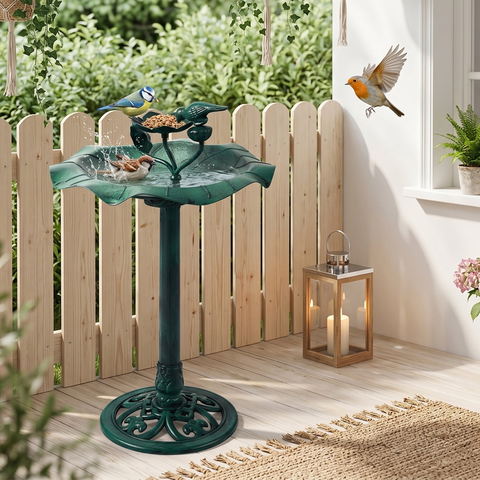 Resin Bird Bath With Lotus Edge & Feeder Tray, 50*50*86cm