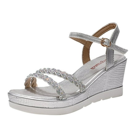 

Fashion Womens Breathable Lace Up Shoes Thick Soled Wedges Casual Sandals PU Silver sandals for Women