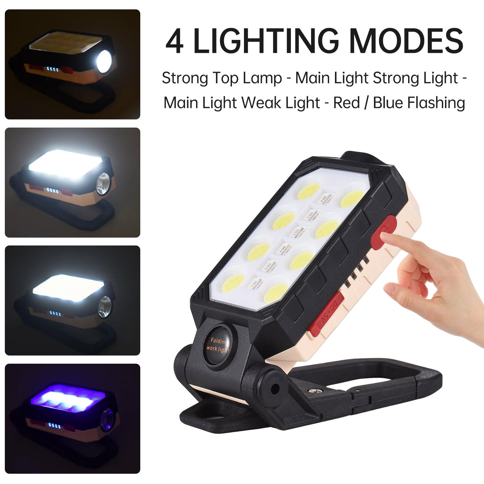 LED Work Light, Aoresac Rechargeable COB LED Magnetic Repair Work Flashlight, Portable Foldable Inspection Lamp Waterproof Floodlight with 4 Light Modes for Car Repairing/Workshop/Garage/Camping