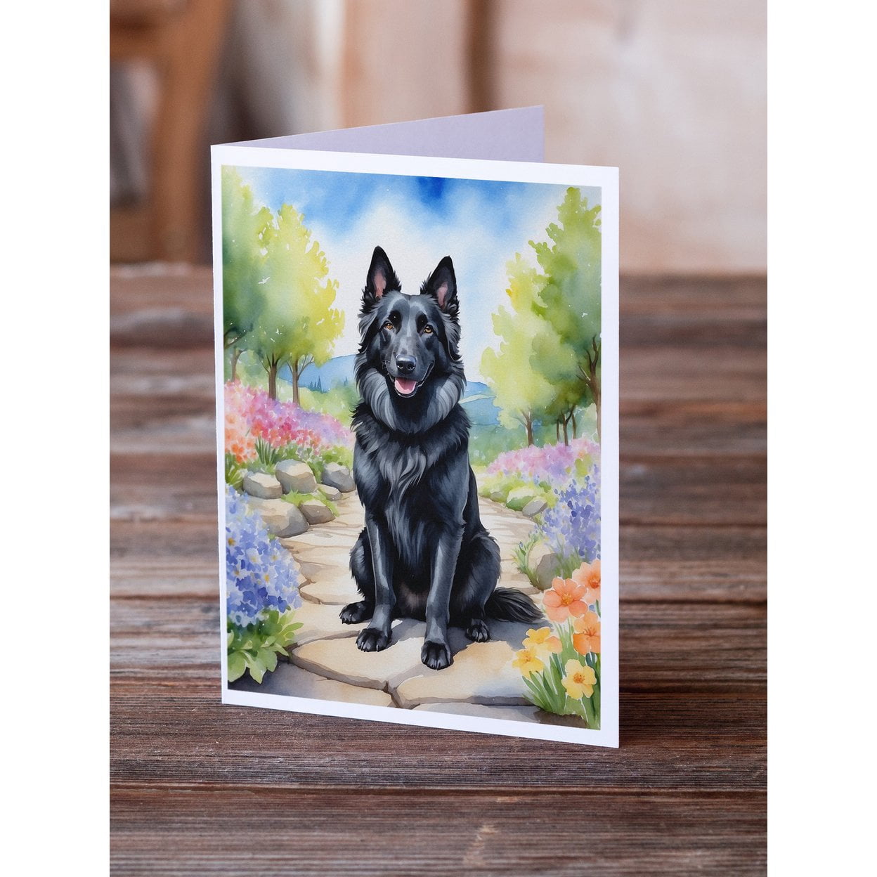 Belgian Sheepdog Spring Path Greeting Cards Pack of 8 7 in x 5 in
