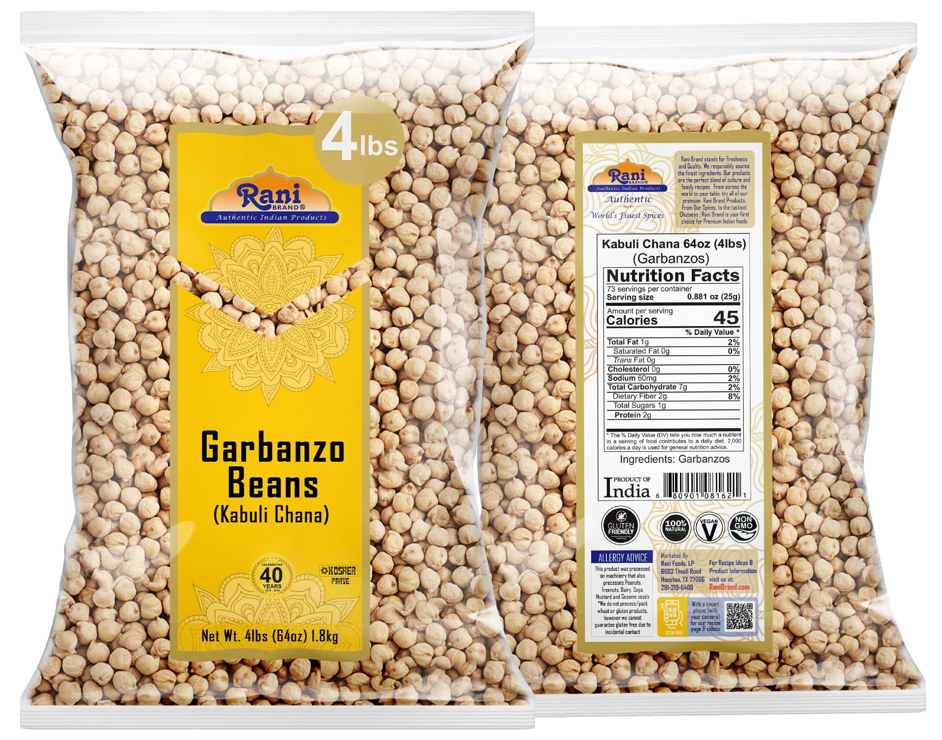 Rani Garbanzo Beans (Kabuli Chana) 64oz (4lbs) 1.81kg ~ All Natural | Vegan | Gluten Friendly | NON-GMO | Kosher | Indian Origin