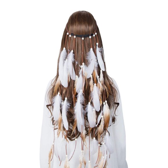 AWAYTR Diadema de plumas hippie, tocado bohemio, corona de plumas, diadema elástica para festival gitano, accesorios para el cabello indio (blanco # 2)