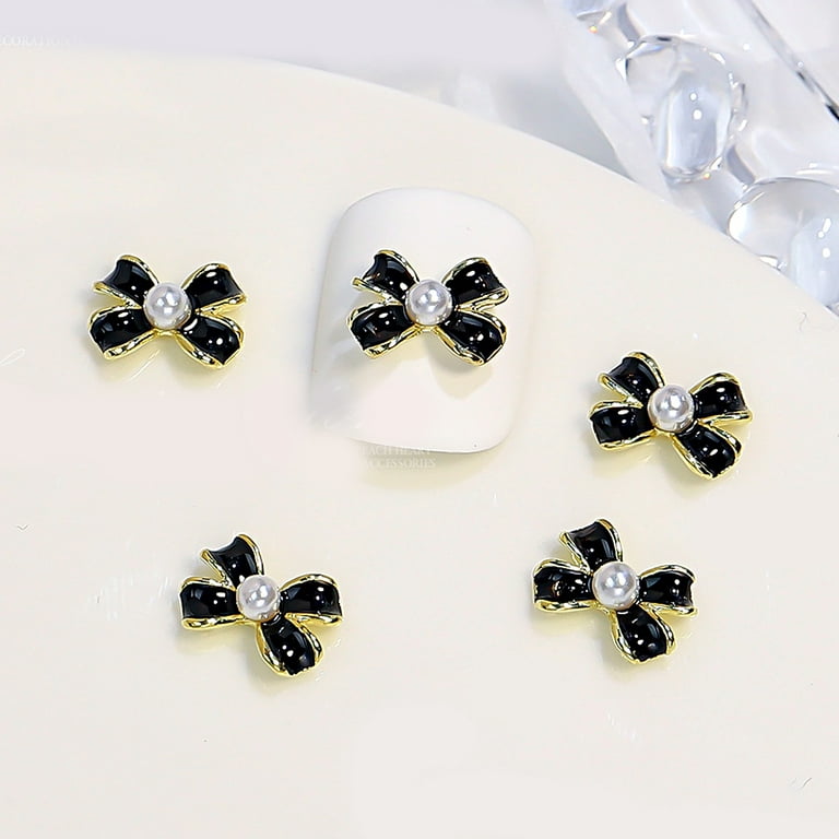 10pcs/lot Fashion Luxury Small Pearl Bow Nail Art Rhinestone 7x9mm Black  White Classic Nail Jewelry French Style - AliExpress