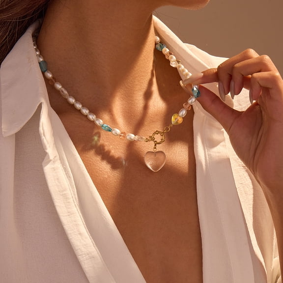 NICKSUN 18K Gold Plated Imitation Pearl Beaded Heart Pendant Necklace for Women, Multicolor Crystal Bead Sweet Collarbone Choker, Bohemian Summer Vacation Anti-Tarnish Dainty Jewelry Gift