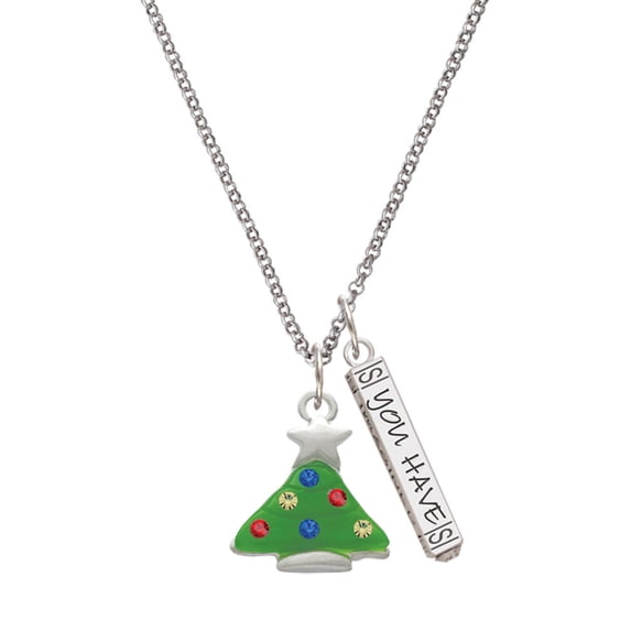 Delight Jewelry Silvertone Green Resin Christmas Tree with Crystals Silvertone Live the Life You Have Imagined Bar Charm Necklace, 23"