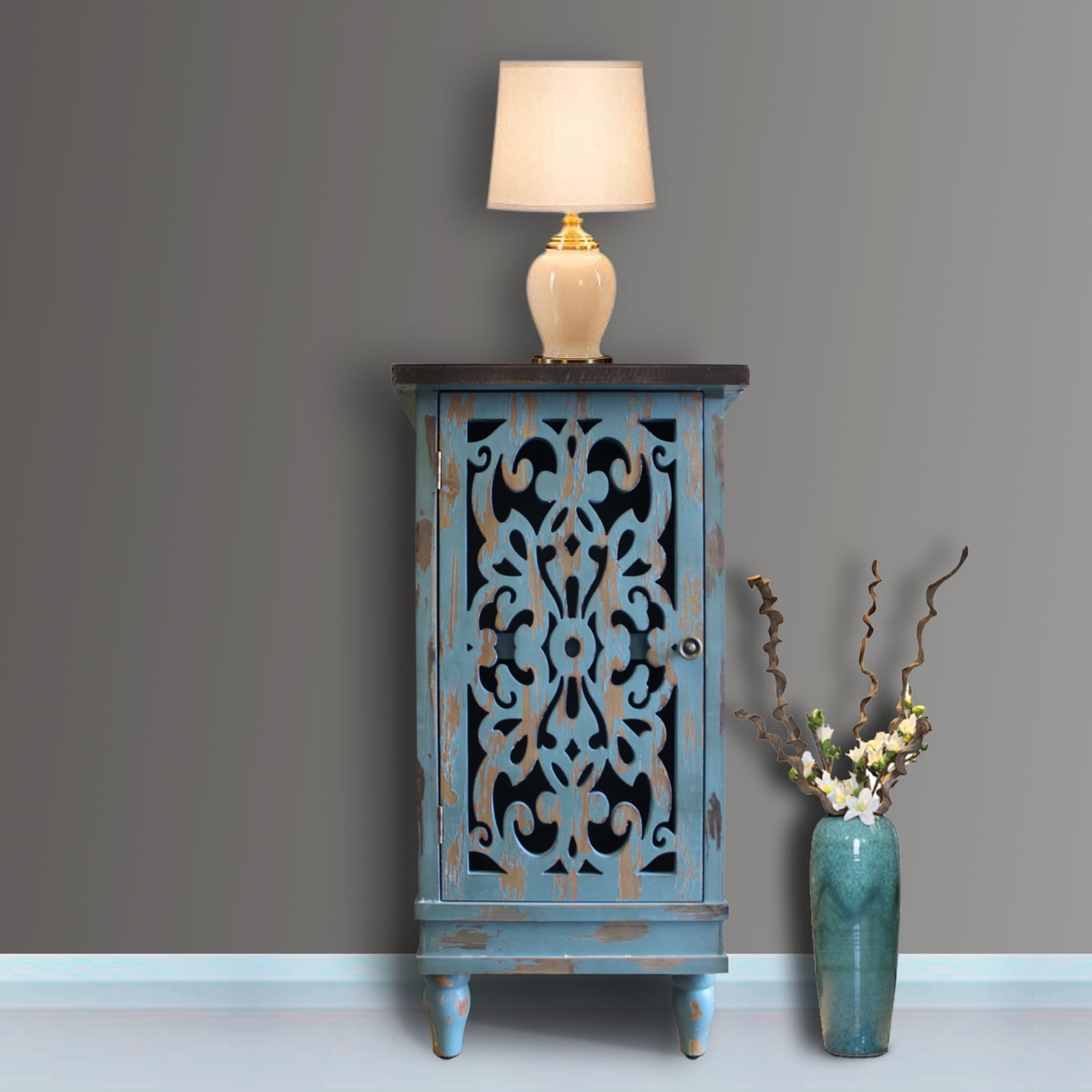 eHemco Wooden Rustic Dual Storage Shelf Rectangle End Table with Carved Legs for Living Room, Teal