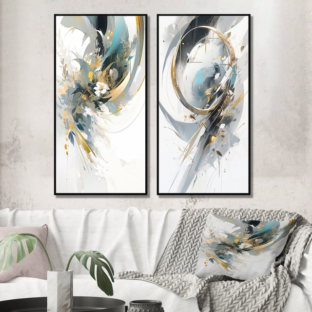 Designart "Mosaic Echoes in Turquoise and Gold II" Cubism Framed Wall Art Set Of 2 - Turquoise Abstract Gallery Wall Frame Set For Home Decor