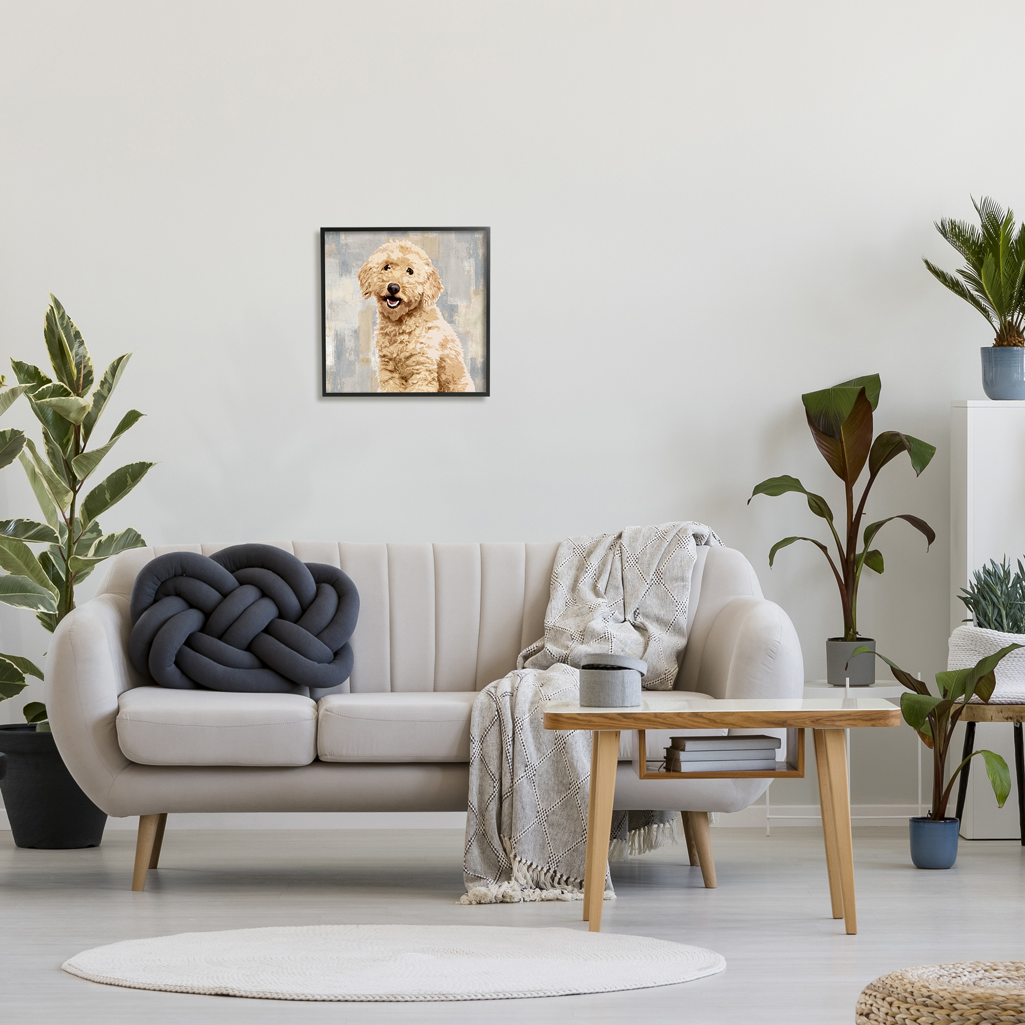 Smiling Labradoodle Dog Patchwork Grey Beige Pattern Animals & Insects Framed Art Print Wall Art, 17x17