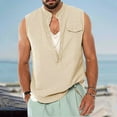 thumbnail image 4 of WREESH Men's Summer Cotton Linen Shirts Casual Sleeveless Henley Shirts Lightweight Beach Tank Tops with Pocket Beige, 4 of 5