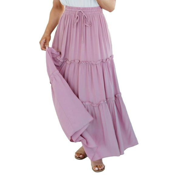 Powodzenia Women Ruffle Trim Skirt Elastic High Waist Drawstring A Line Pure Color Skirt for Summer Wear