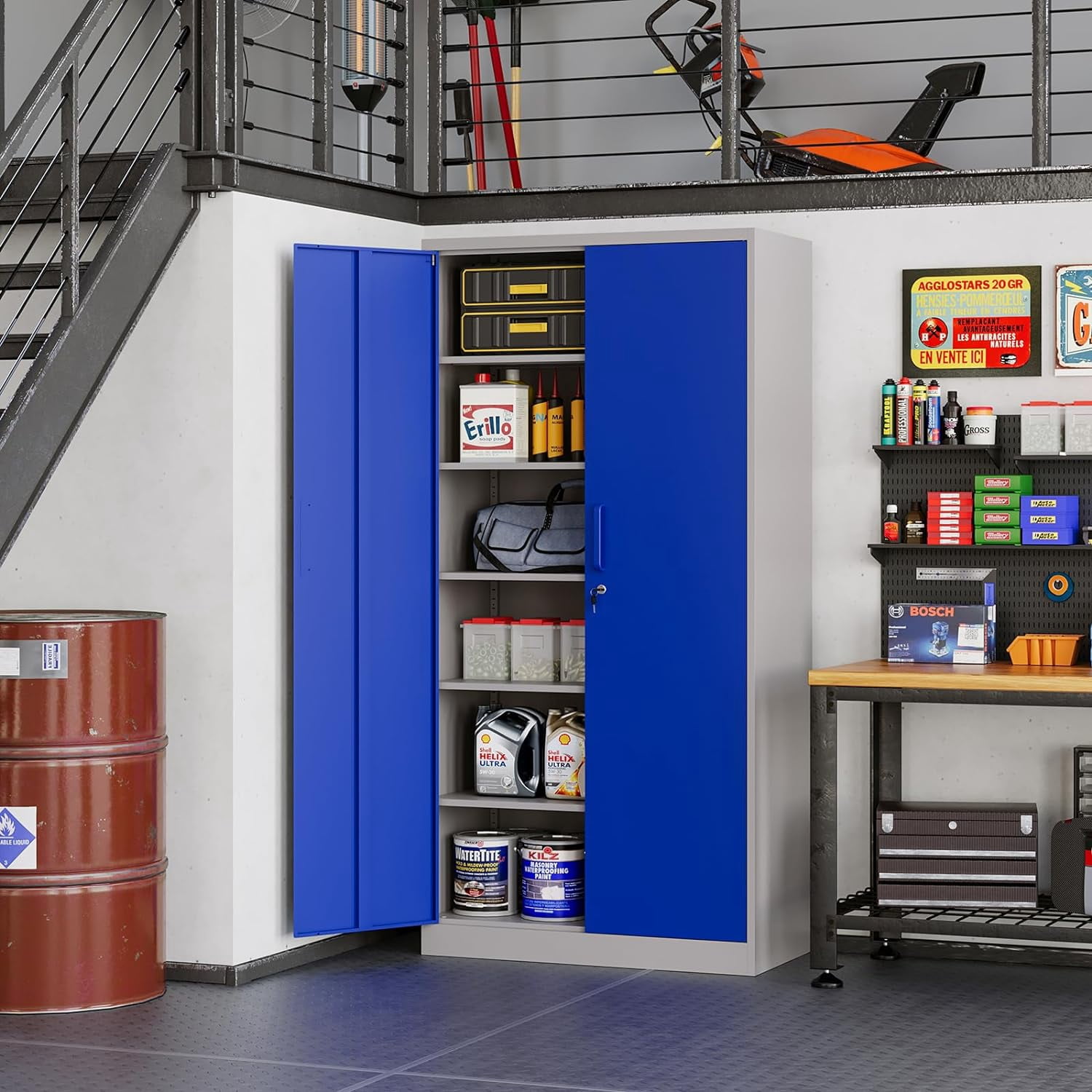 MIIIKO Metal Storage Cabinet with Locking Doors, Blue Grey Garage