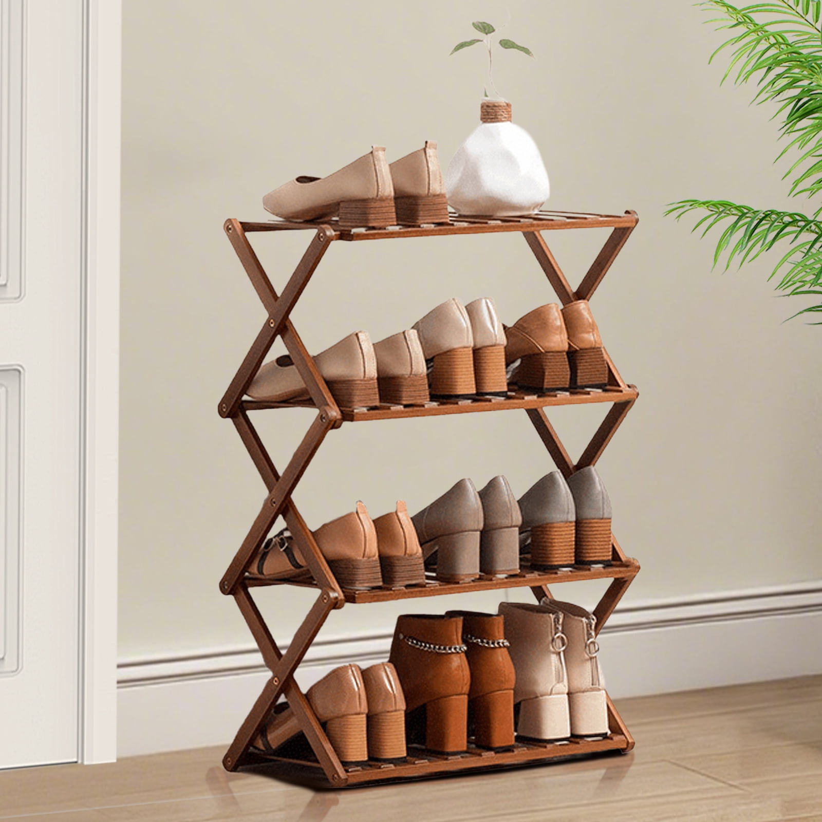 HDUTNGISN 4 Tier Foldable Bamboo Shoe Rack,Tool Free Setup Shoe Organizer, 20x10x22in Entryway Storage,Tawney