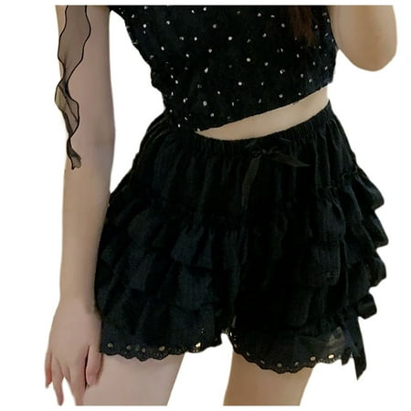ZHAGHMIN Womens Summer Shorts Layered Ruffle Trim Bloomers Shorts Fashion Womens Lace Trim Shorts Cute Tiered Pants Vacation Shorts Black SizeM
