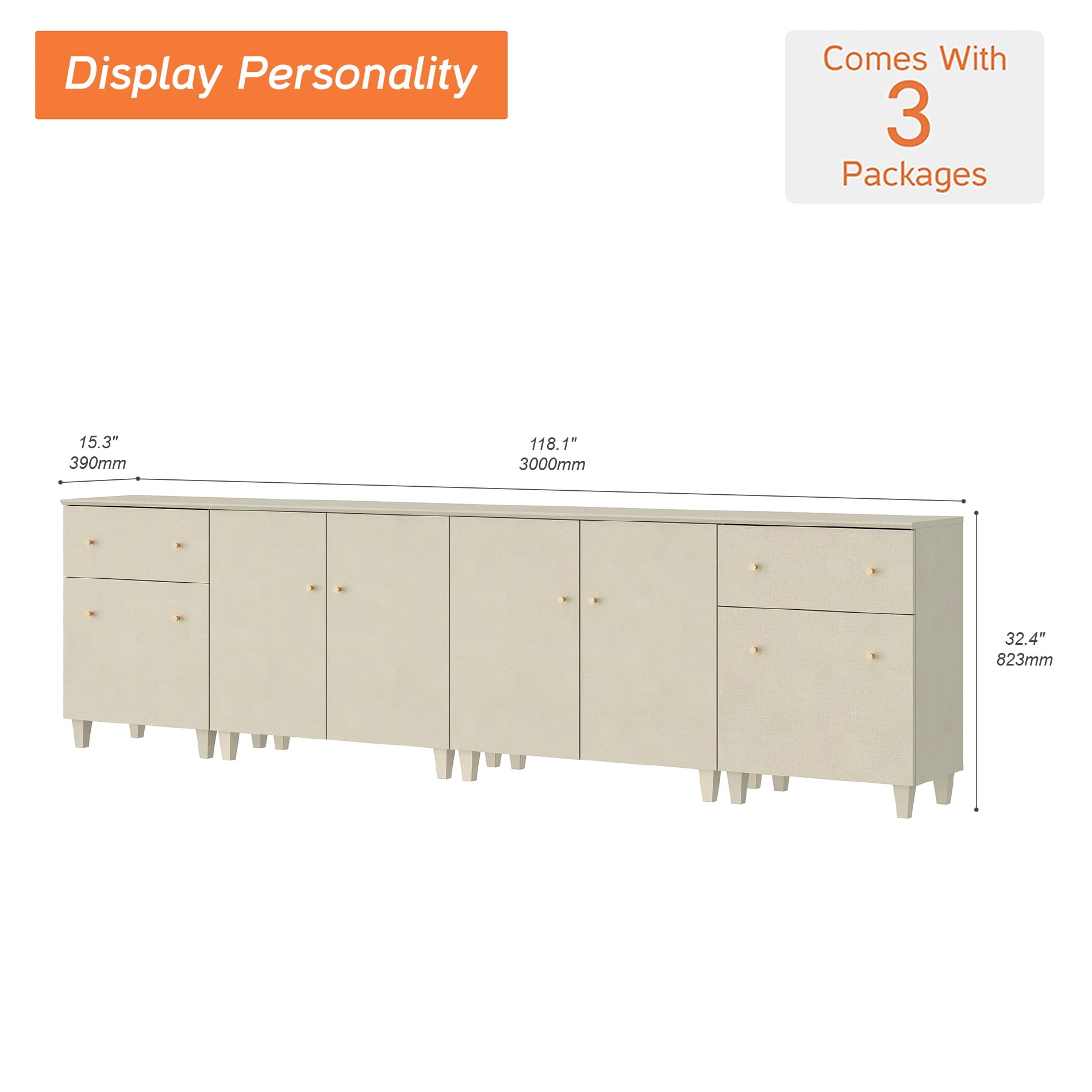 WAMPAT 4 Pieces Sideboards with Doors and Drawers for Dining Room Kitchen, Beige, 32.4" H, 3 Packs