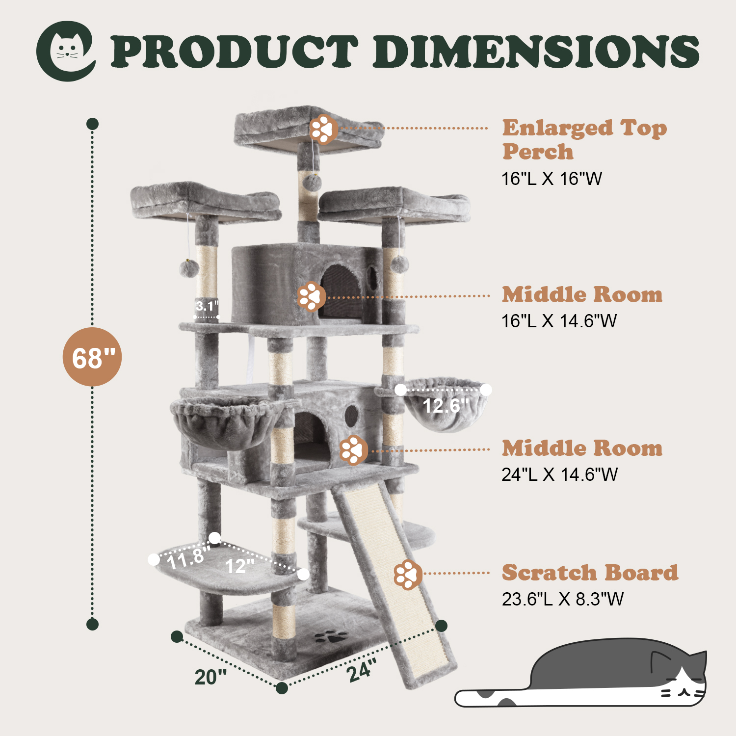 Amolife 68" X-Large Cat Tree with Scratching Board and Posts, Gray photo 8