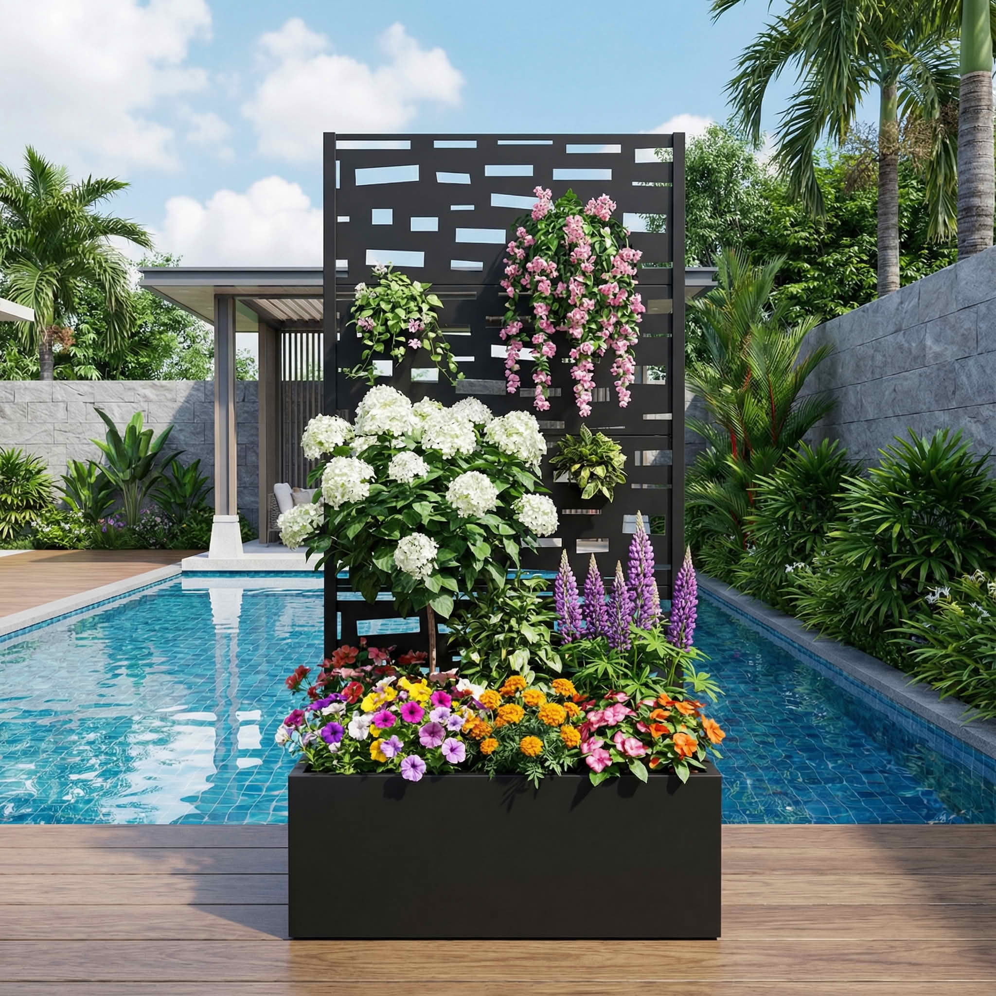 MAYEERTY 59X30" Metal Outdoor Black Privacy Screen with Planter Box for Backyard & Garden, 4 Piece Set