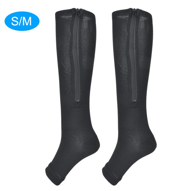 1 par de medias de compresión con cremallera hasta media pantorrilla, polainas delgadas, calcetines elásticos con punta abierta (negro s M)
