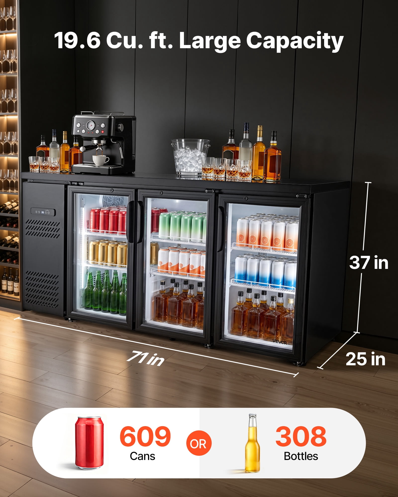 VEVOR Back Bar Cooler, 19.6 Cu. Ft Counter Height Beverage Refrigerator, Commercial Bar Display Fridge w/ 3 Glass Doors, LED Lighting, Fan Cooling Beer Wine Cooler for Pub, Merchandiser, Store