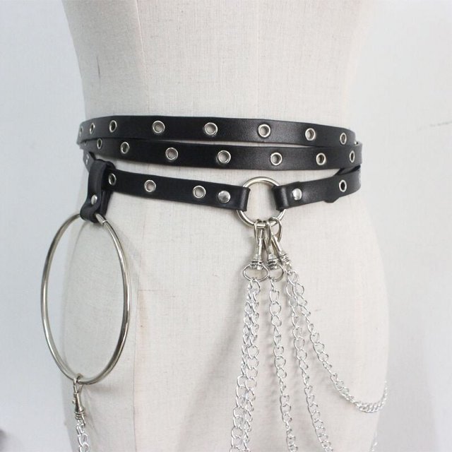 Cinturón de cintura punk, cadena de cuero negro, cadenas para el vientre, accesorios góticos para el cuerpo en capas para mujeres y niñas JM