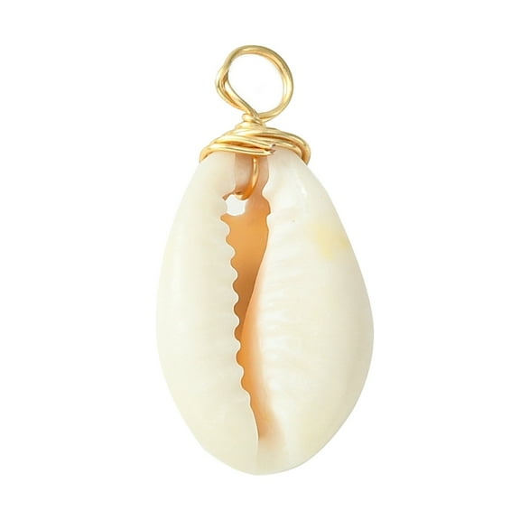 100pc Natural Cowrie Shell Dyed Pendants with Brass Wire Loops Shell Shape Charms Golden 22x11x8mm Hole: 2.8mm DIY