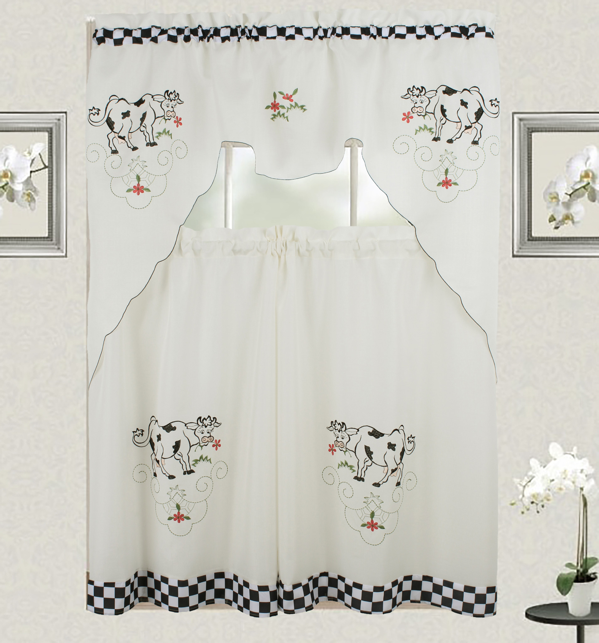 Cow Kitchen Curtain With Swag And Tier Set 36 Inch With Checkers