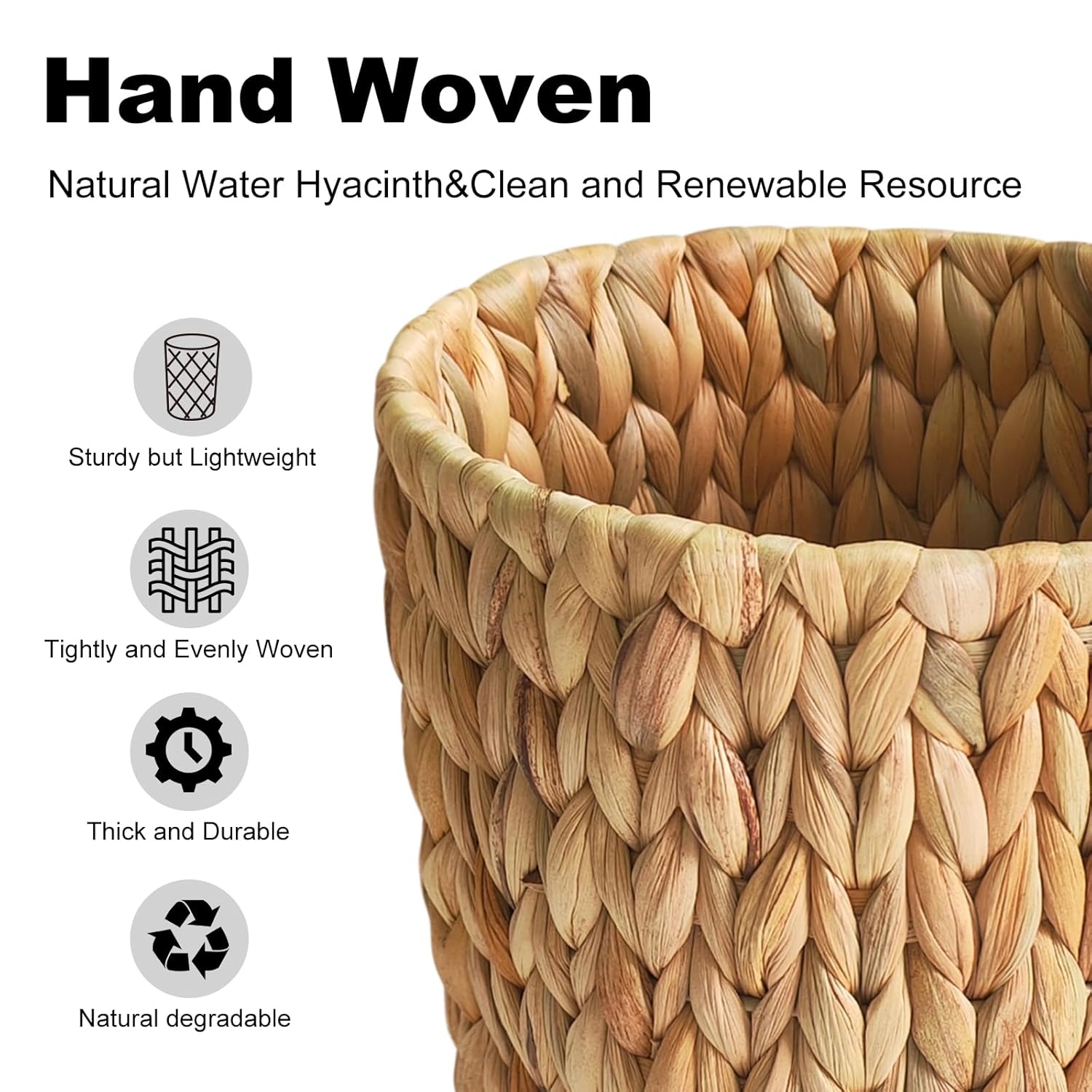 Wicker Trash Can, Small Water Hyacinth Waste Basket for Bathroom Home Office (2 Gallon Round)