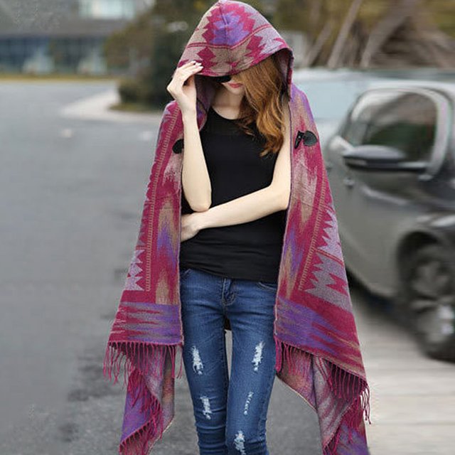Capa con capucha Irfora Vintage mujer otoño Hoode Cape geométrica hebilla borla cálido bohemio capa informal Poncho Irfora Capa con capucha