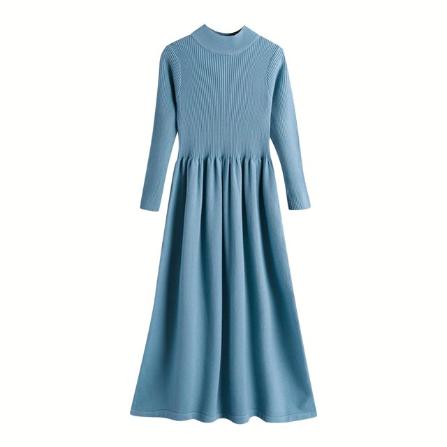 Robe Femme Col Montant Automne Hiver Col Roulé Manches Longues Ligne A Robe Tricotée Élégante Vêtements Adultes Femme Bleu Taille Unique