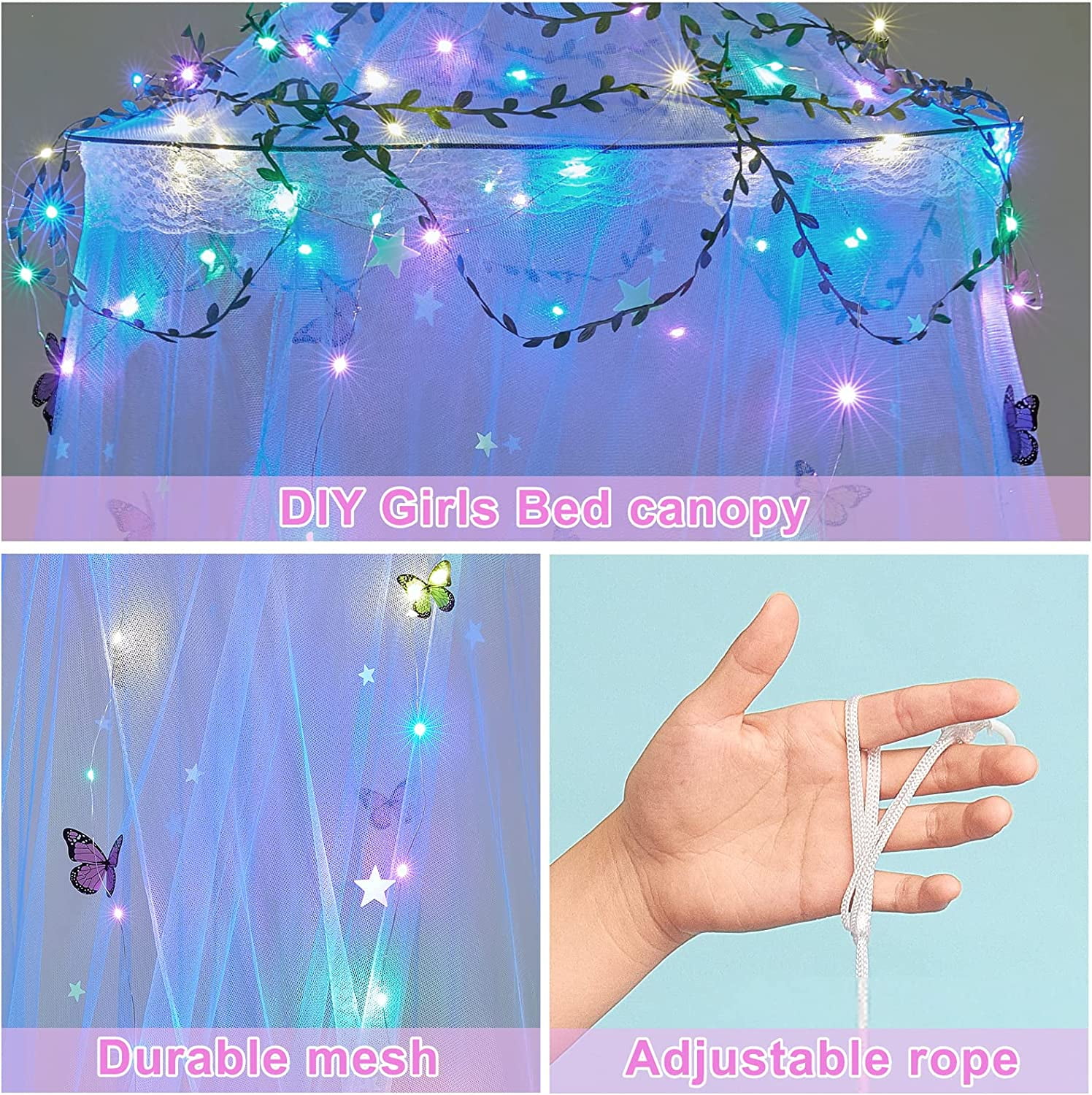 CAILDANL Bed Canopy for Girls Room Bed Canopy Curtains with Led Lights Mosquito Net DIY Princess Room Décor with Stars Butterflies for Kids Bedroom, Hot Pink