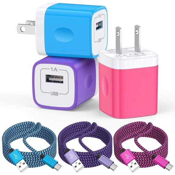 Type C Charger Block,KIGPOZI 3 Pack USB Wall Charger with 10FT Type C Cable, 18W Fast Charging Block USB Charger Adapter with USB C Charing Cable Type C Block USB Plug Cube USB Cables USB Brick, Blue