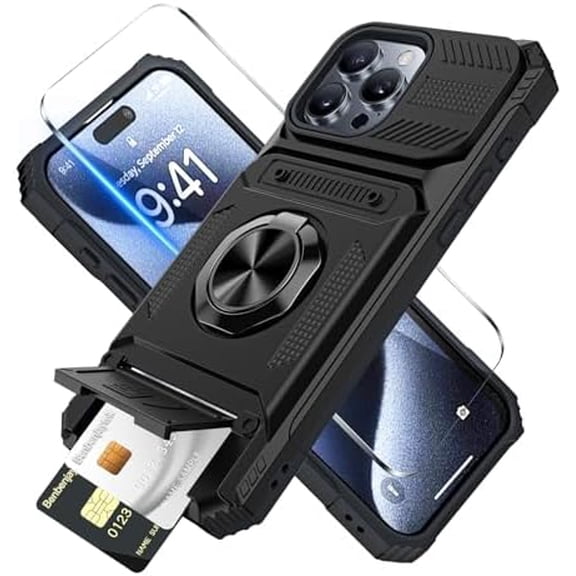 MYKOMI for iPhone 15 Pro Wallet Case with Card Holder 1 Screen Protector, (2 Cards) & 360°Ring Kickstand Military Grade Drop Shockproof Rugged Case for iPhone 15 Pro 6.1"