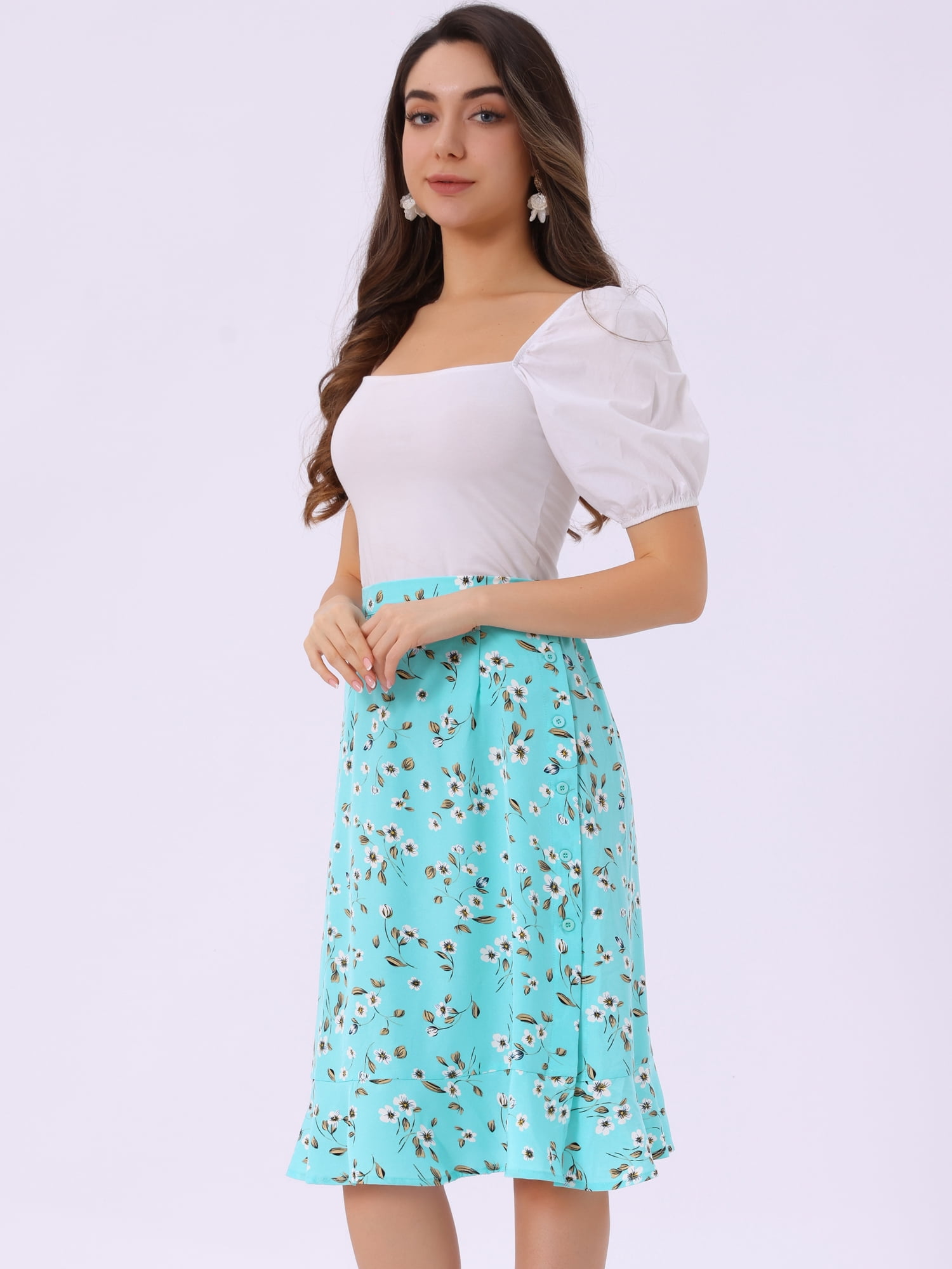 DARING DIVA Women's Floral Ruffle High Waist Flowy A-Line Skirt XS Lake Blue