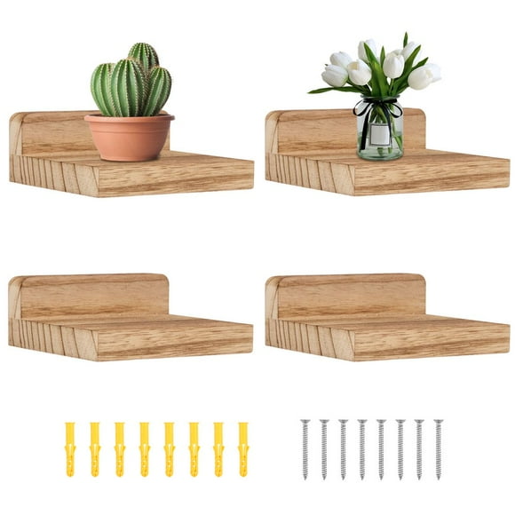 HLONK 4 Pcs Wood Floating Shelves Small Wall Shelves Wall Mounted Floating Wall Shelves Decorative Wall Storage Shelves 12.5x12.5x5cm for Bedroom Living Room Bathroom