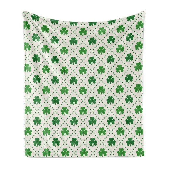Irish Soft Flannel Fleece Throw Blanket, 4 Leaf Shamrock Clover Flowers Dotted Dashed Lines National Culture Artwork, Cozy Plush for Indoor and Outdoor Use, 60" x 80", White Green, by Ambesonne